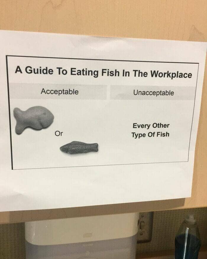A helpful "Guide to Eating Fish in the Workplace" that only allows candy or cracker fish.