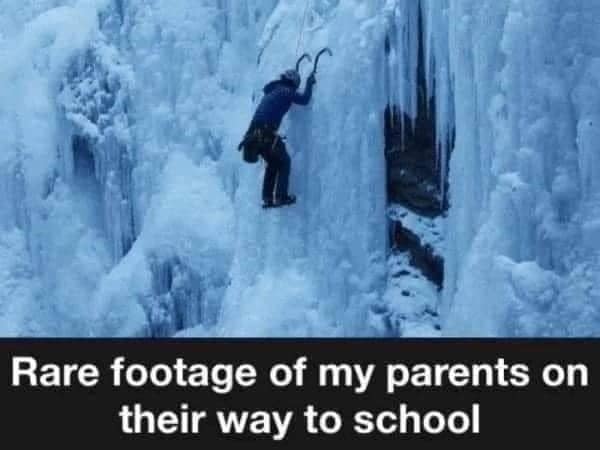 Classic meme claiming rare footage of parents walking to school uphill