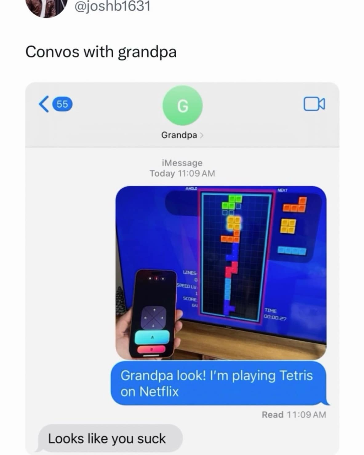 Text conversation funny meme where grandpa roasts a Tetris player