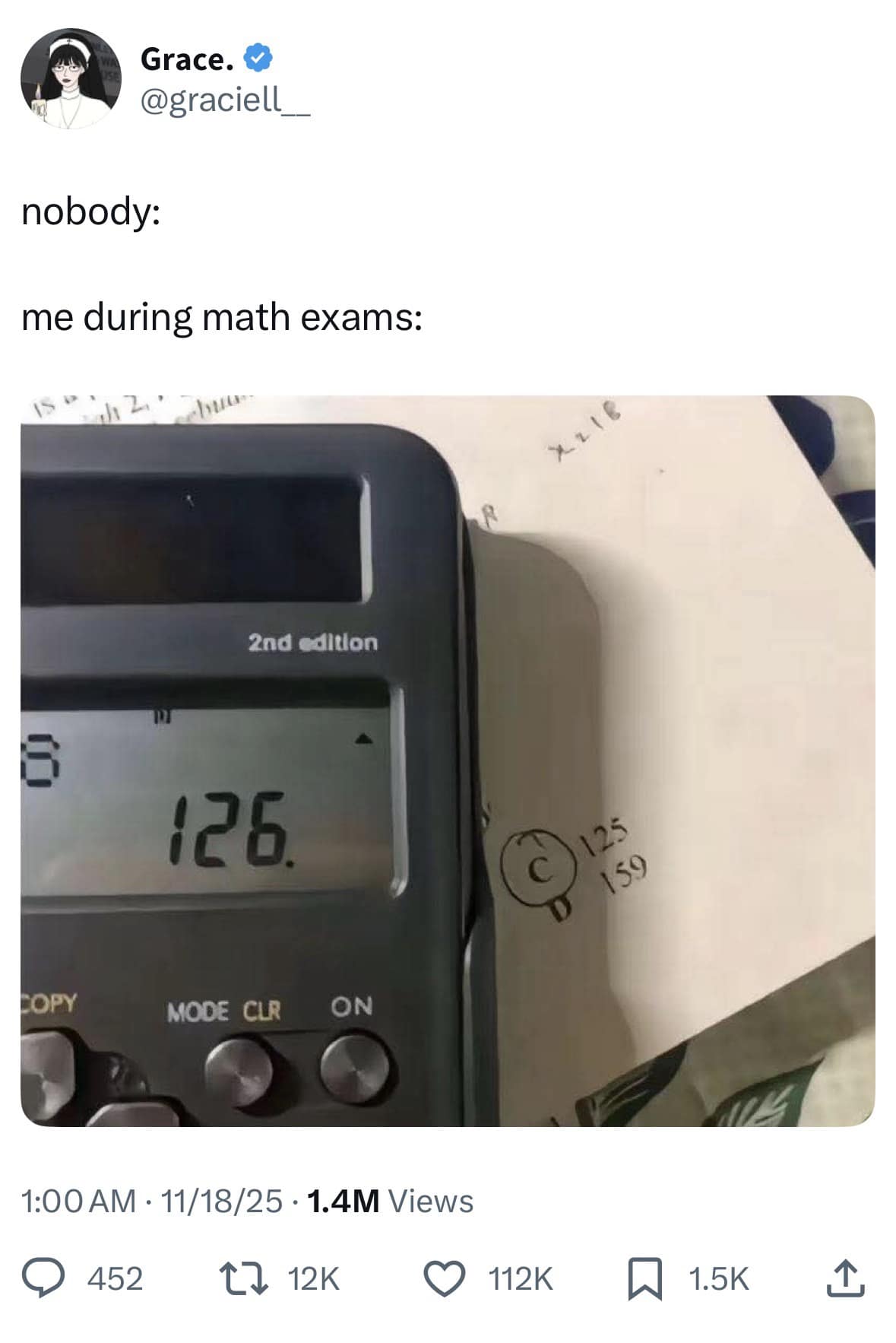 Funny meme showing a calculator result that is painfully close to the multiple choice answers