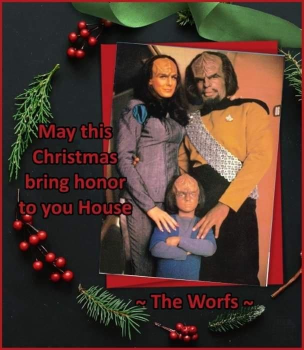 A wholesome Star Trek meme showing Worf, Jadzia Dax, and Alexander as "The Worfs" on a Christmas card