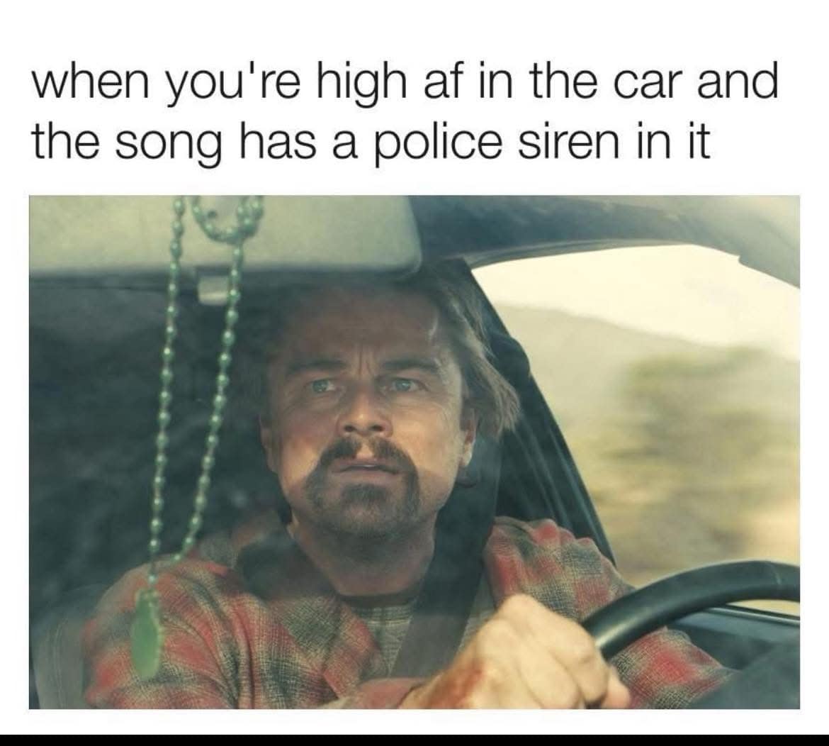 A stoner meme of a paranoid Leonardo DiCaprio in a car, captioned "when you're high af and the song has a police siren in it."