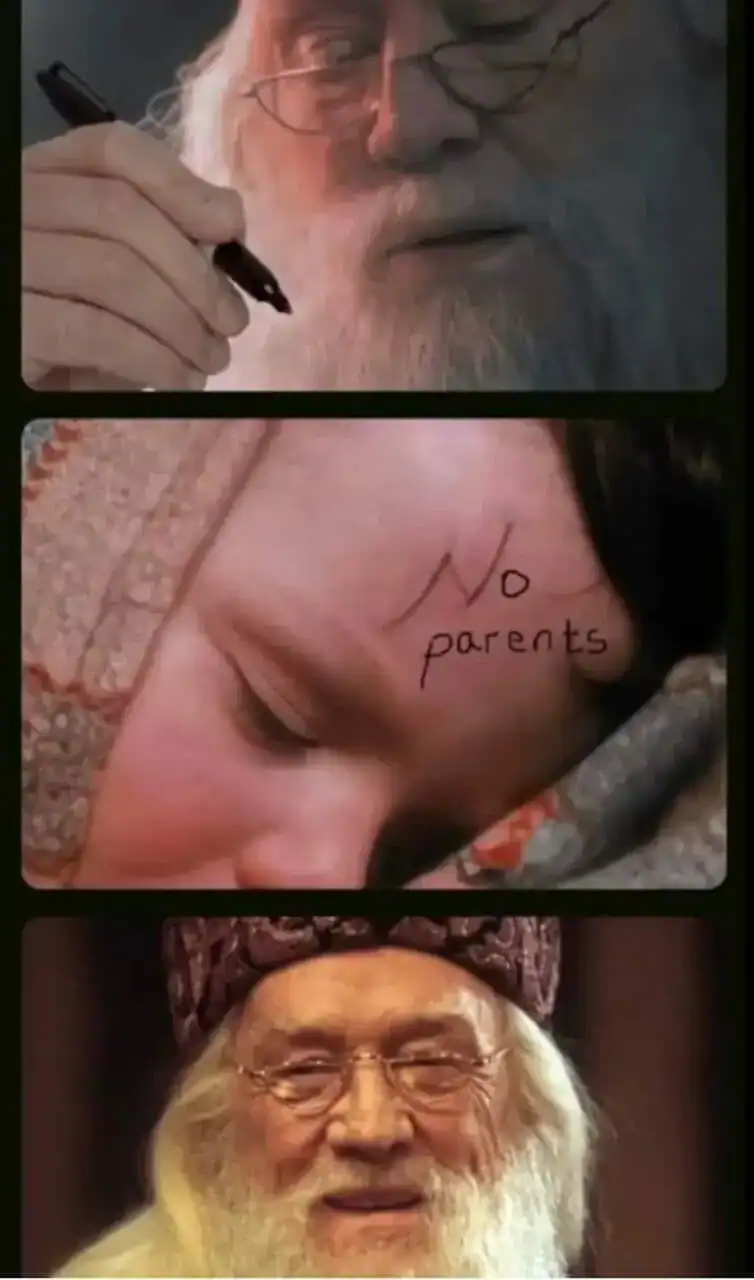 A funny Harry Potter meme showing Dumbledore writing No Parents on baby Harry.