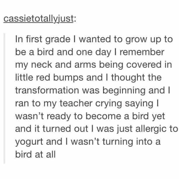 Tumblr story about a child mistaking a yogurt allergy for turning into a bird.