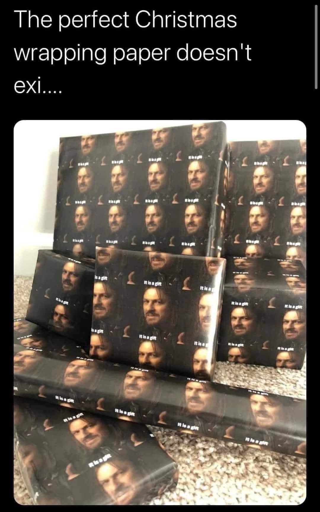 A classic meme showing piles of Christmas gifts wrapped in paper covered with Ron Swanson's face.