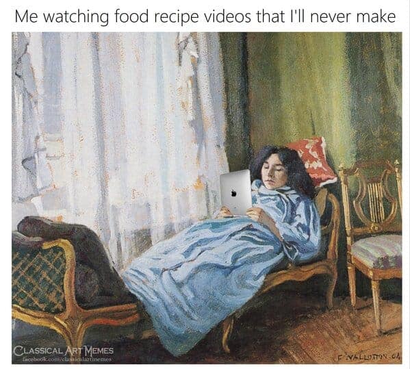 Painting of a woman in bed holding an iPad, watching cooking videos in a classical art meme.