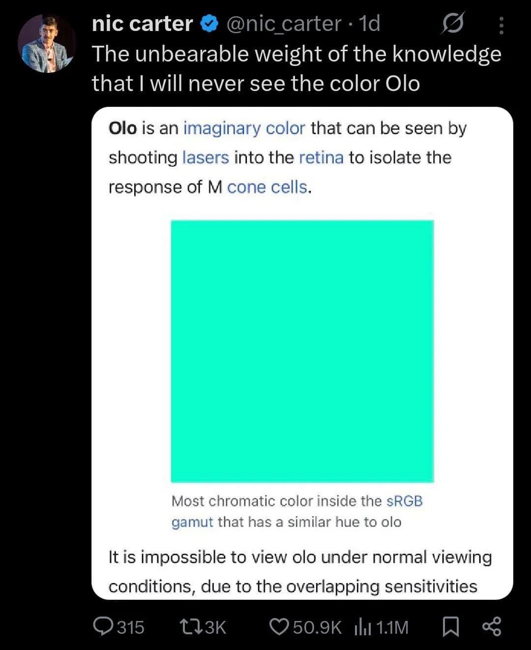 Tweet lamenting the inability to see the imaginary color Olo funny memes.