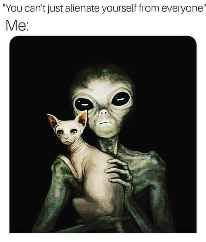 Alien holding sphinx cat caption about alienating yourself from everyone funny meme.