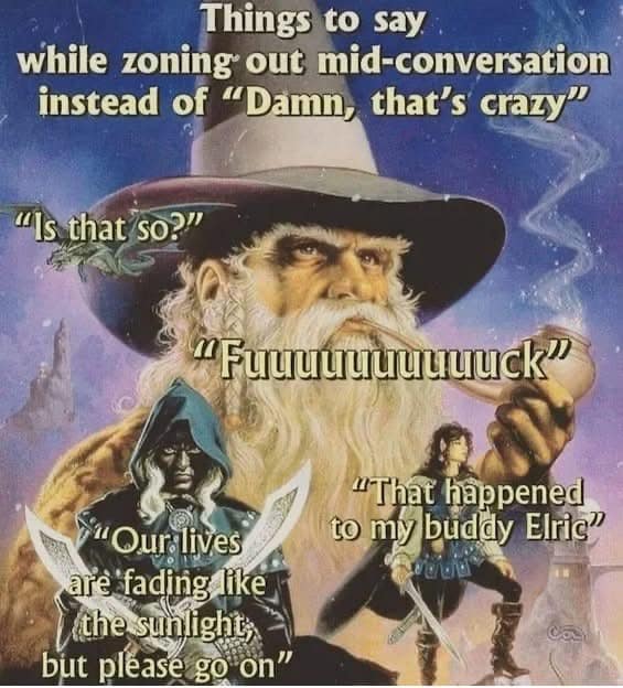 Wizard fantasy art with captions of things to say when zoning out.