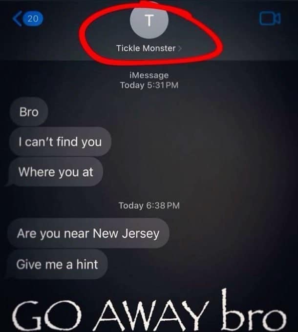 Creepy messages from a contact named Tickle Monster in a funny text.