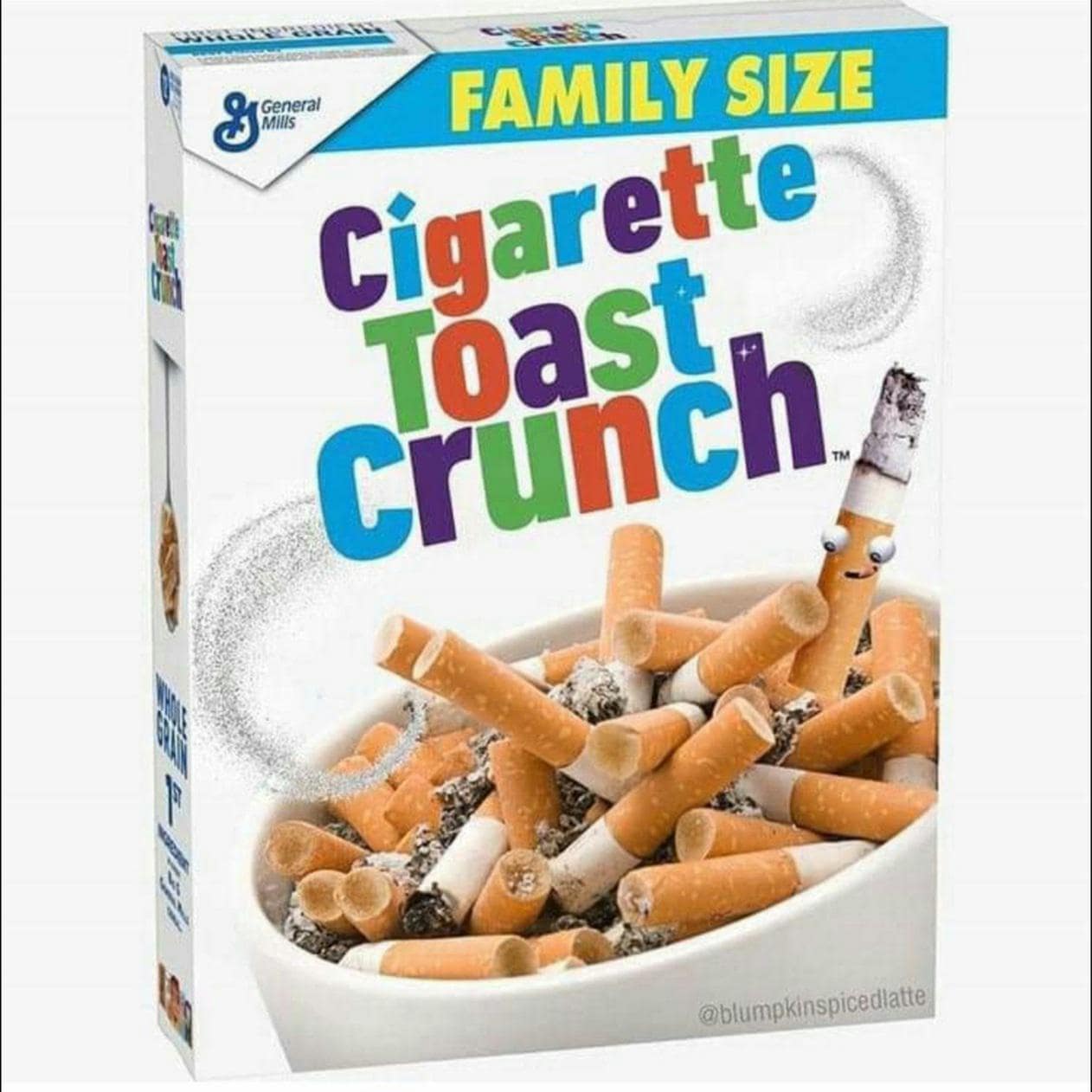 Cereal box parody for Cigarette Toast Crunch in a funny meme about bad habits.