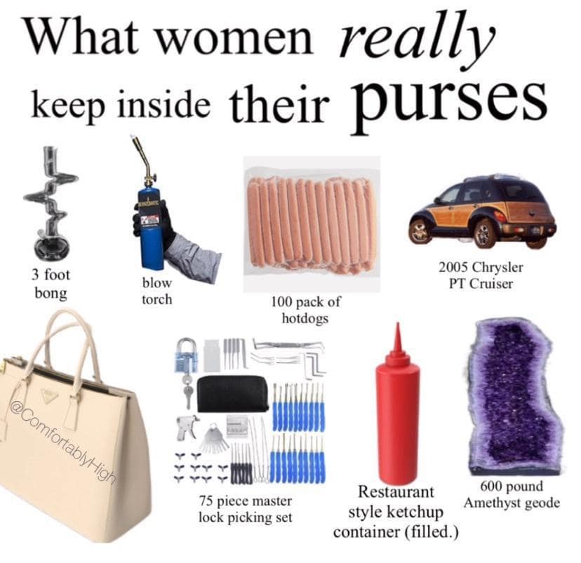 Starter pack showing absurdist items like a PT Cruiser inside a woman's purse in a funny meme.