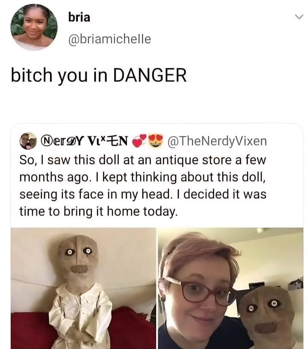 A hilarious meme tweet warning someone about buying a creepy antique button eyed doll.