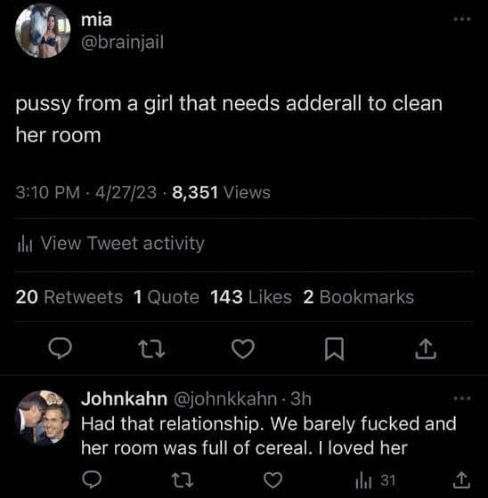 A hilarious meme tweet debating relationships with girls who have messy rooms full of cereal.