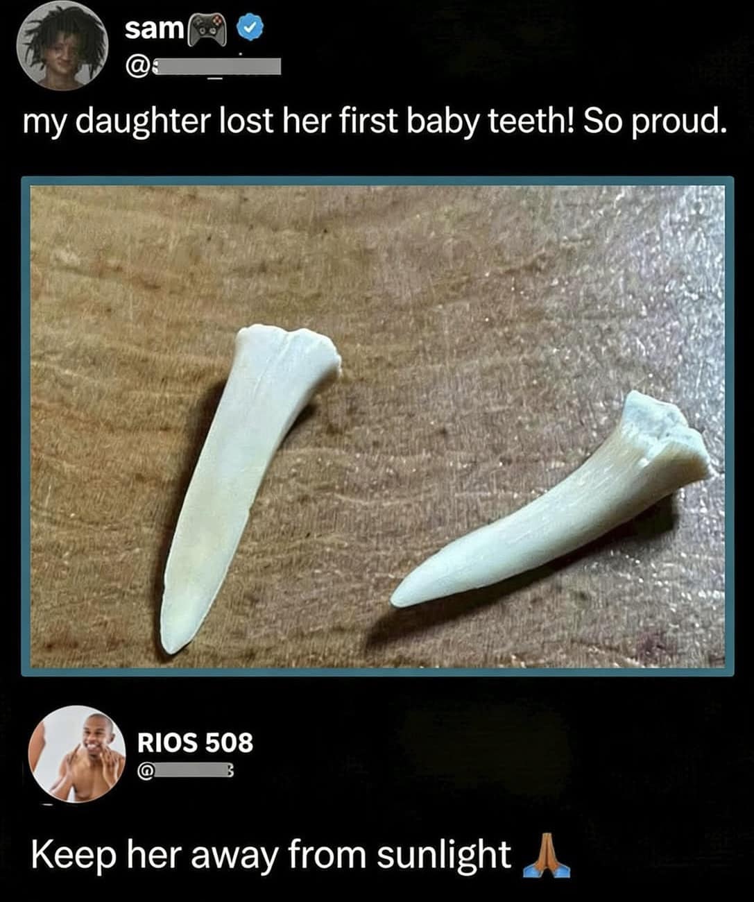 A funny meme showing sharp fang-like baby teeth with a comment about keeping the child away from sunlight.