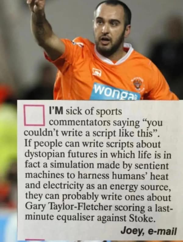 Newspaper clipping complaining about sports commentators clichés in an oddly specific meme.