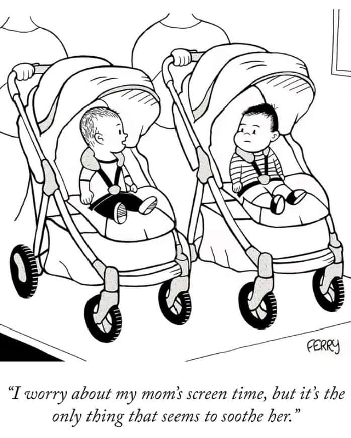 A single panel comic of two babies in strollers discussing their moms' phone addiction.