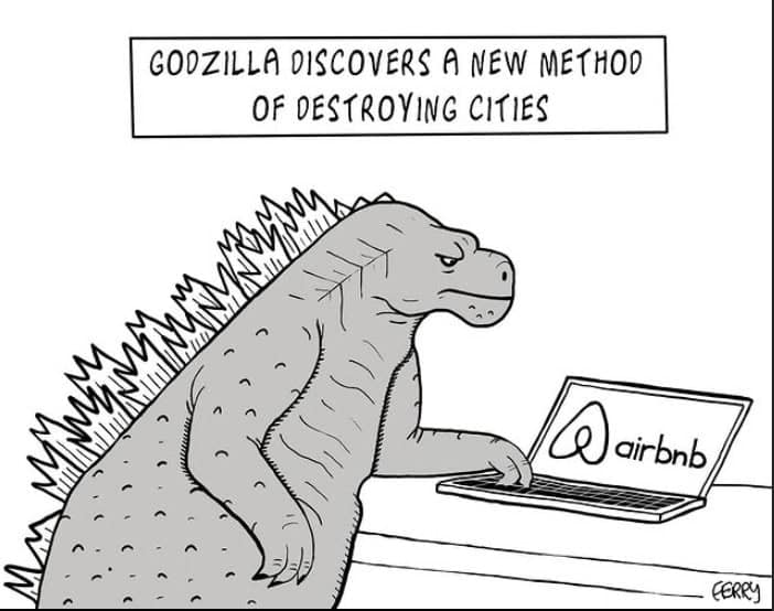A Tadhg Ferry comic showing Godzilla using Airbnb on a laptop to destroy cities.