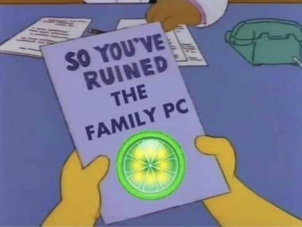 A Simpsons meme showing Dr Hibbert holding a pamphlet titled So You Ruined The Family PC with a LimeWire logo.