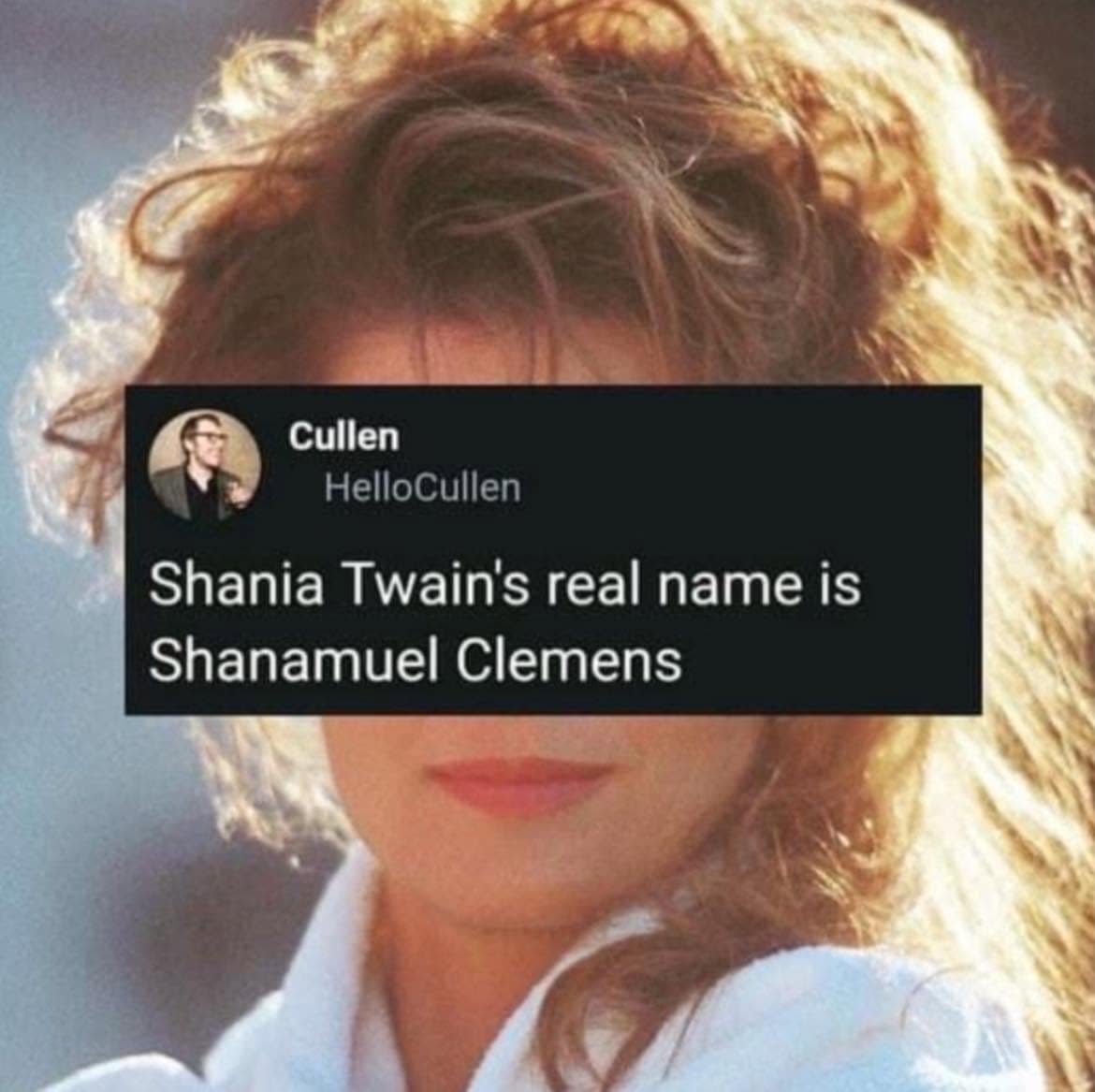A fake fact meme claiming Shania Twain real name is Shanamuel Clemens.