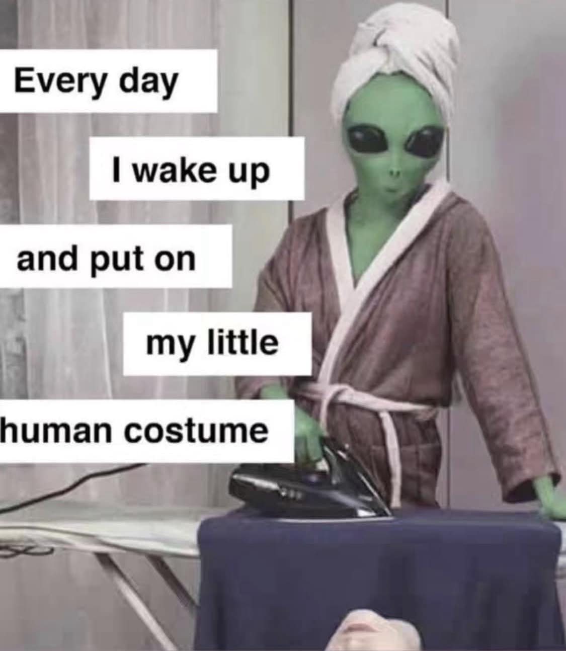 A classic meme of an alien ironing a human skin suit captioned about putting on a human costume.