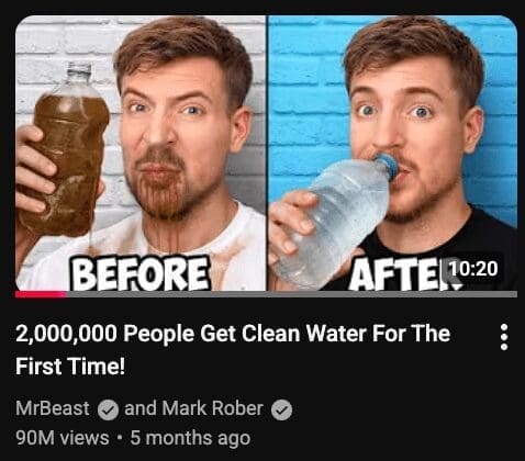 A funny youtube thumbnail in the style of MrBeast comparing drinking dirty water to drinking clean water.