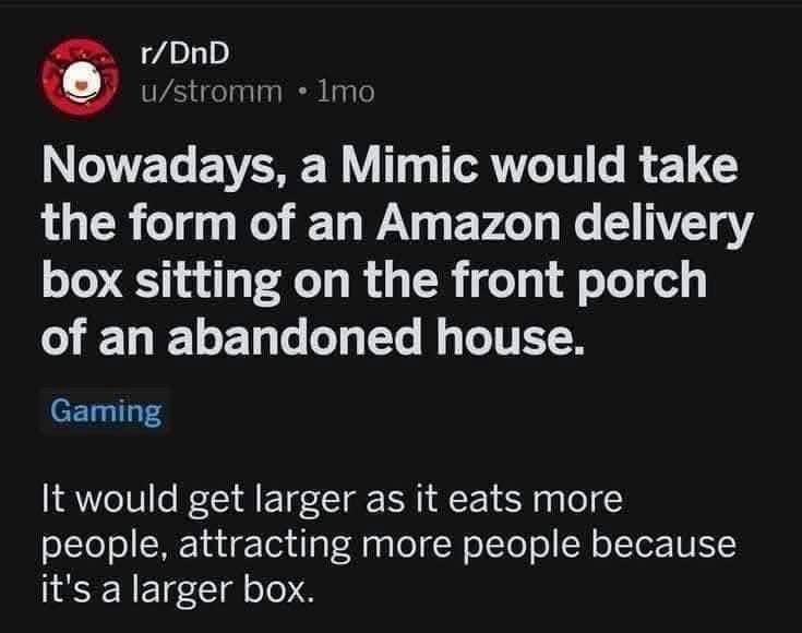 A text post proposing a modern day Mimic disguised as an Amazon package.