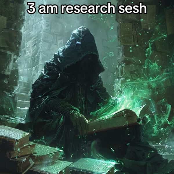 Hooded figure reading a glowing green book in a dark library labeled 3am research.