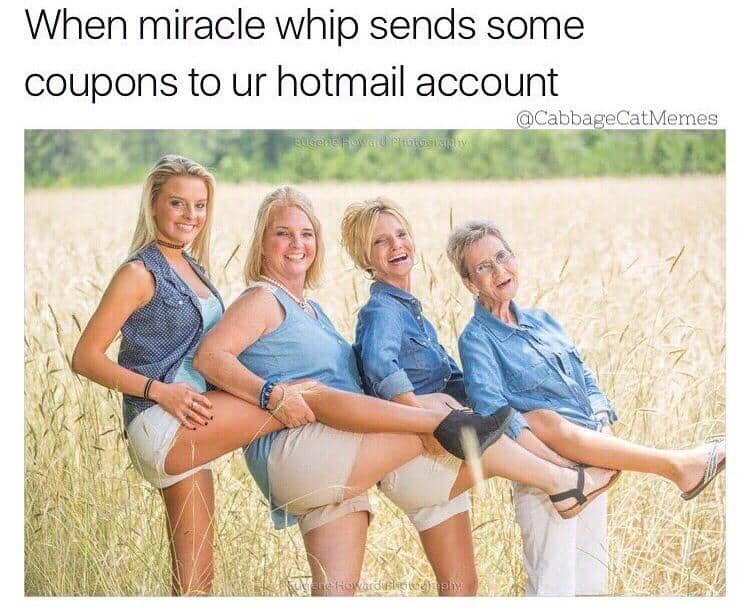 Group of older women posing playfully in field about receiving Miracle Whip coupons.