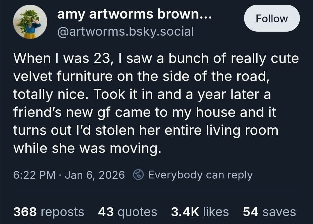 BlueSky post describing an accidental theft of a neighbor's velvet furniture thinking it was free curbside trash.