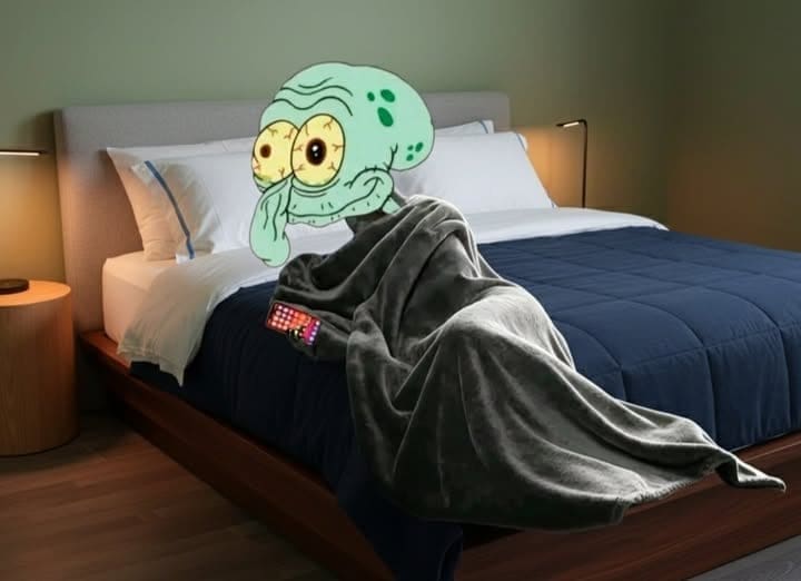 Squidward with bloodshot eyes lying in a modern bed holding a smartphone, looking sleep-deprived.