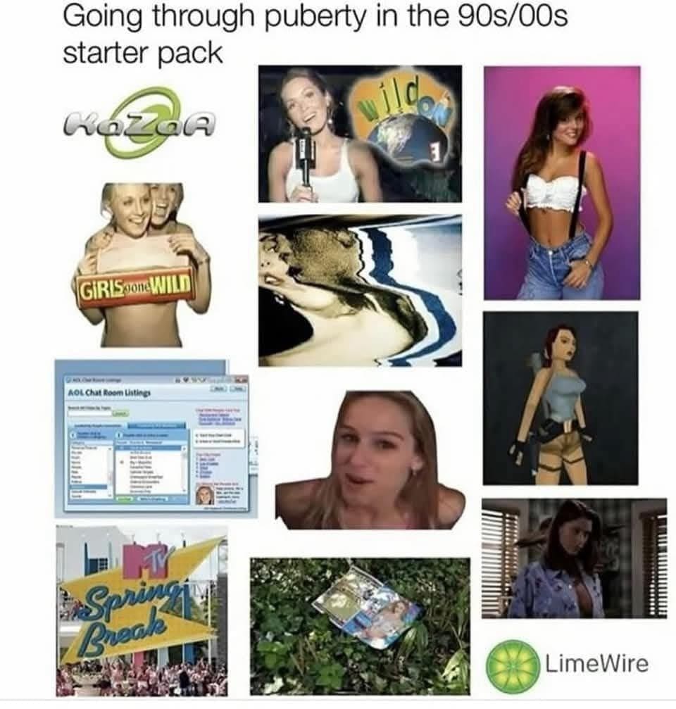 Starter pack meme collage showing 90s and 2000s puberty essentials like Limewire, KaZaA, and AOL chat rooms.