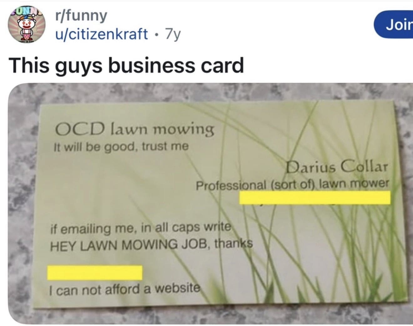 Amateur business card for OCD lawn mowing services promising a "good" job despite not having a website.