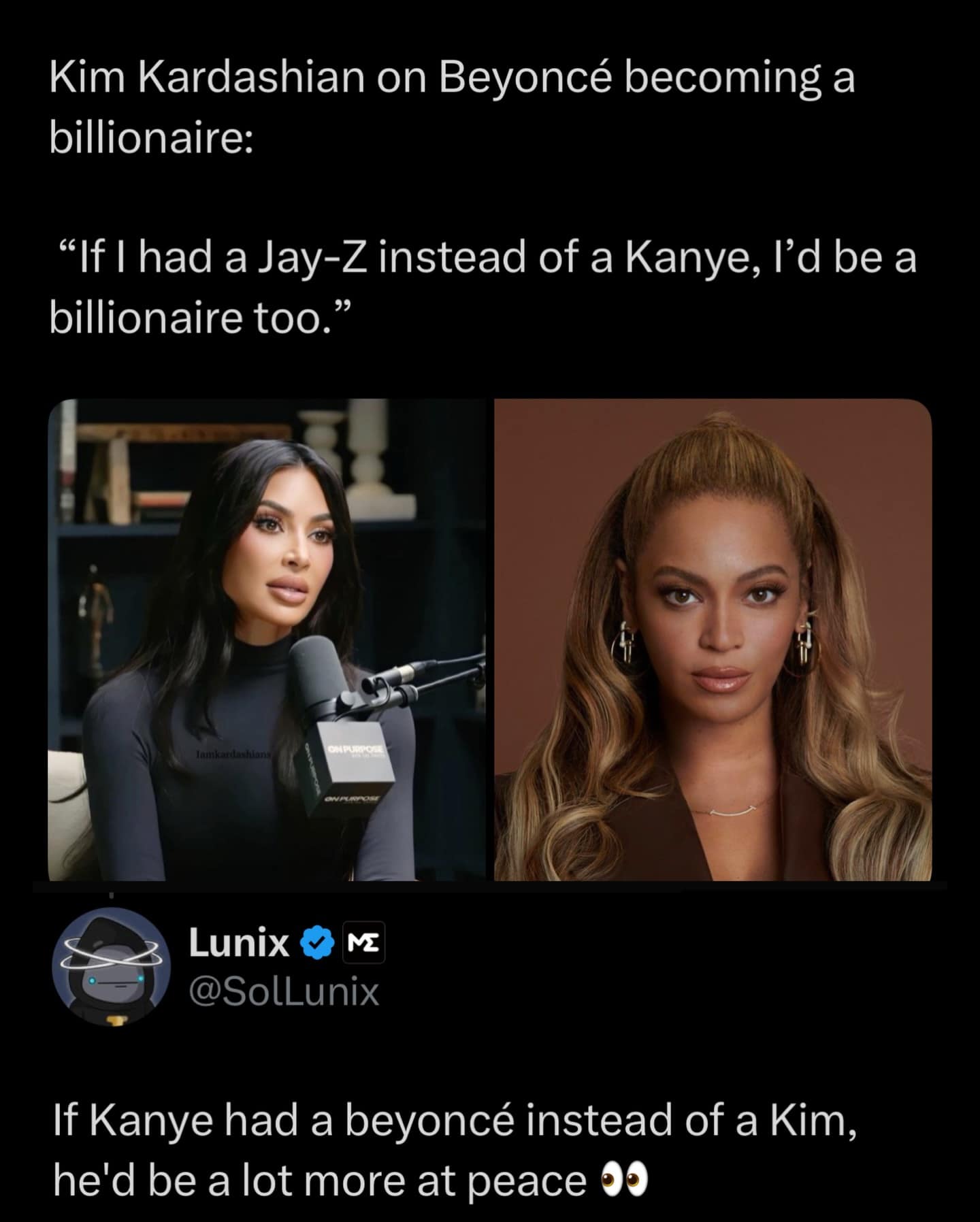 Tweet comparing Kim Kardashian and Beyonce billionaire status with savage reply funny pic.