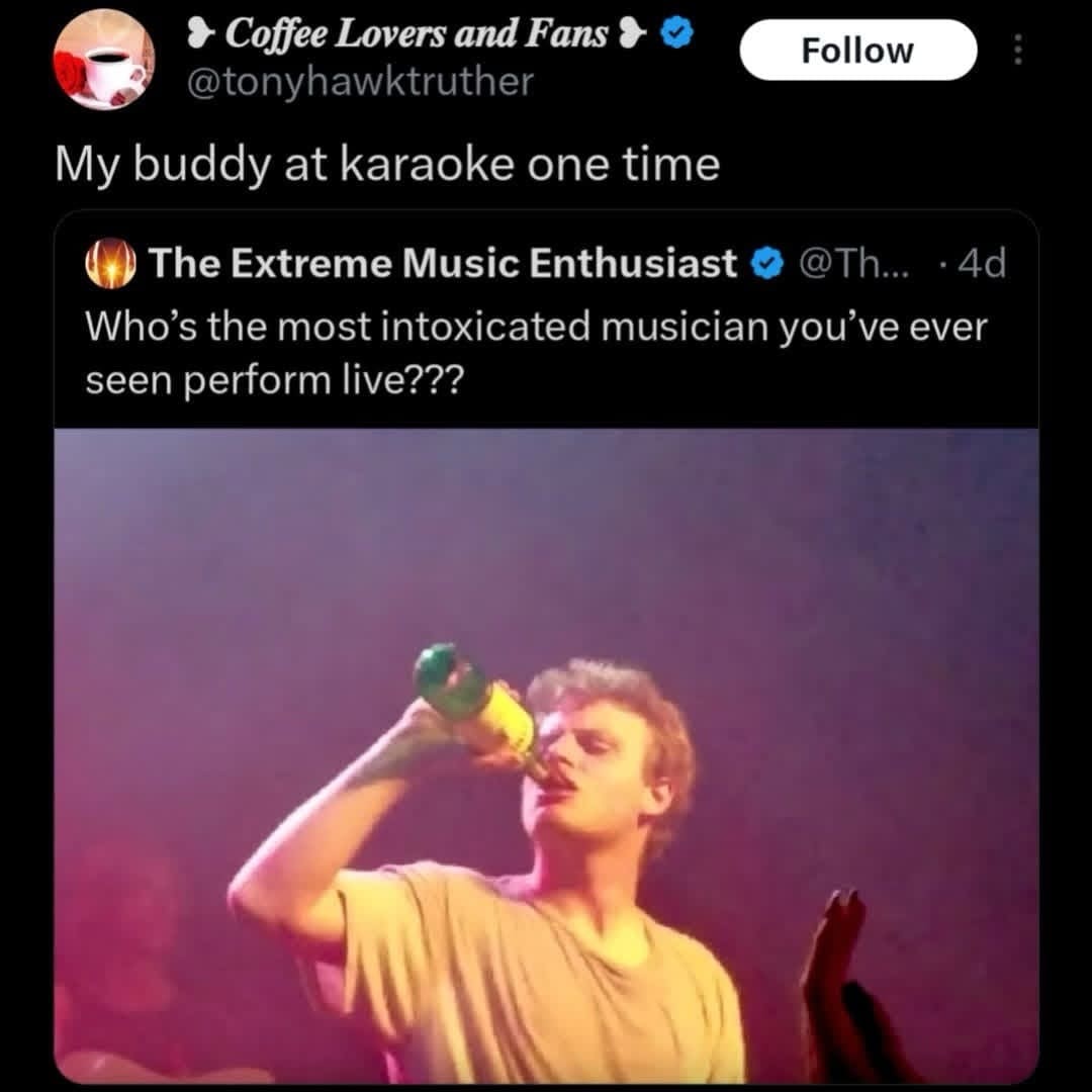 Funny pic of Mac DeMarco drinking wine on stage during a live performance.