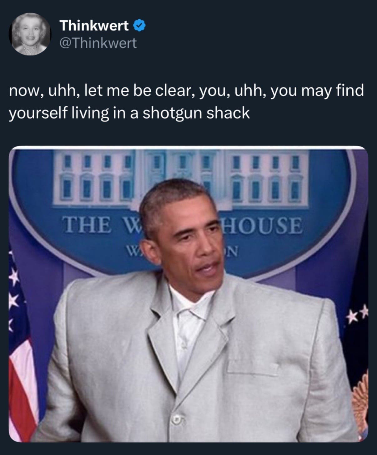 Barack Obama edited into a giant suit quoting Talking Heads lyrics.