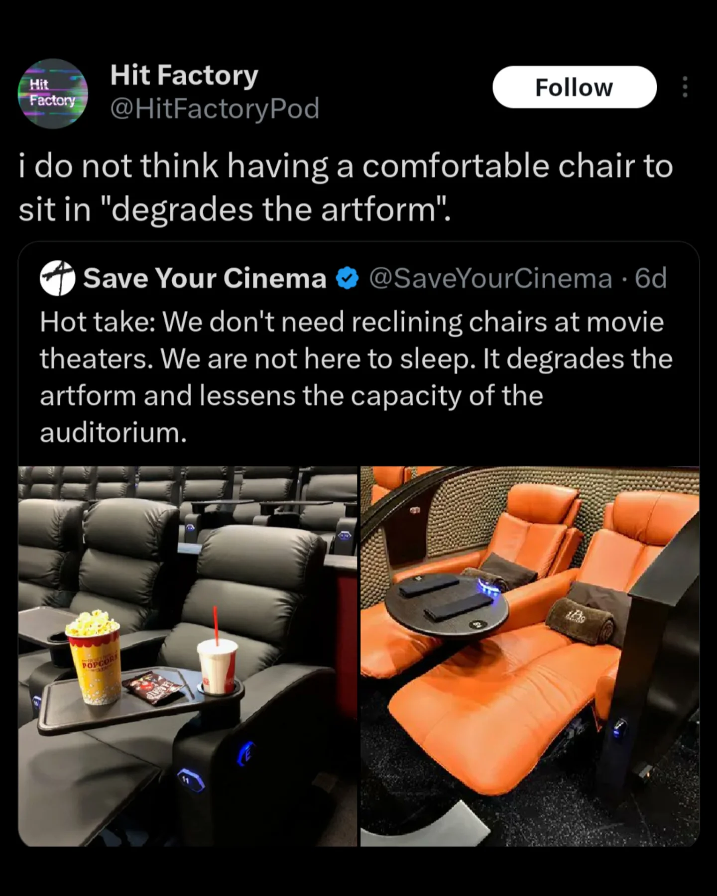 A meme dump tweet defending reclining chairs in movie theaters against a "save cinema" purist.