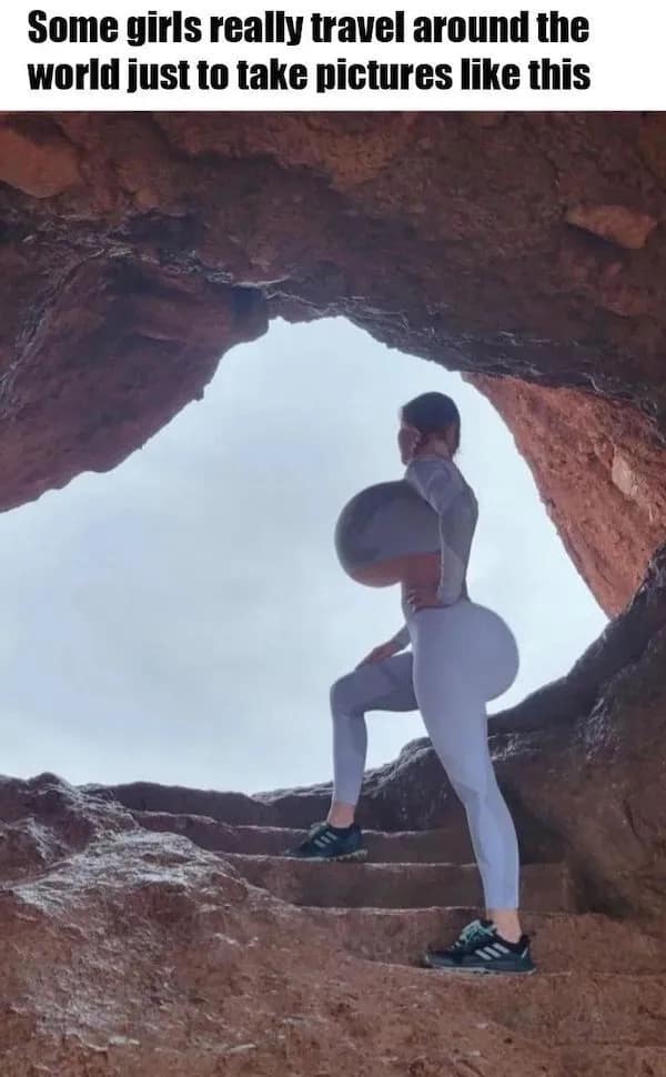 A hilarious meme mocking Instagram influencers with a heavily edited photo of a woman with impossible proportions hiking.
