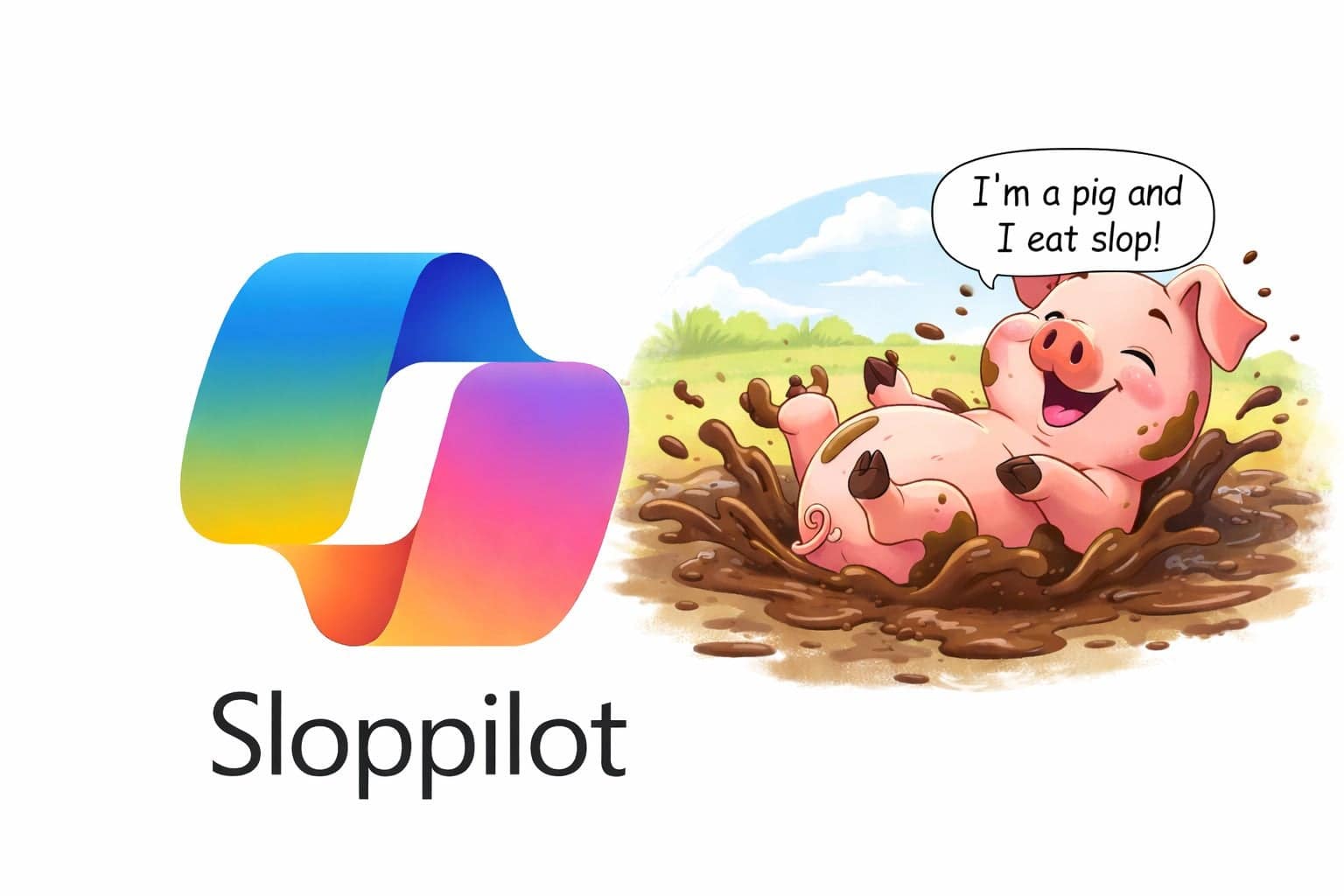 A cartoon pig rolling in mud next to a Sloppilot logo in a microslop meme.
