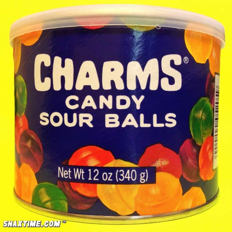A vintage blue tin of Charms Candy Sour Balls representing classic retro junk food.