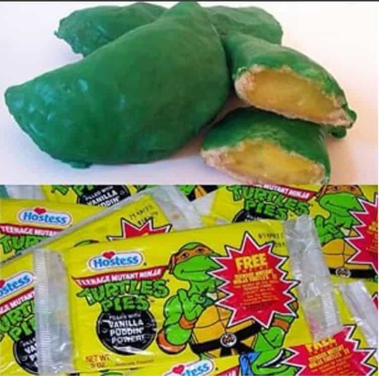 Hostess Teenage Mutant Ninja Turtles Pies with a green crust and vanilla pudding filling