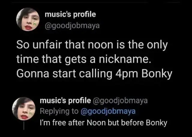 Tweet suggesting the time 4pm should be nicknamed Bonky like noon.