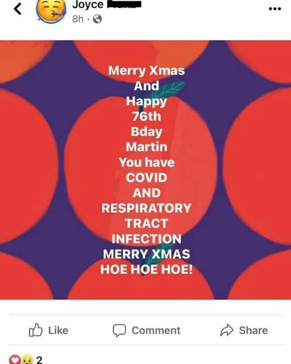 A festive Facebook background post announcing a birthday, Covid, and a respiratory infection all at once, a chaotic old people vs technology example.