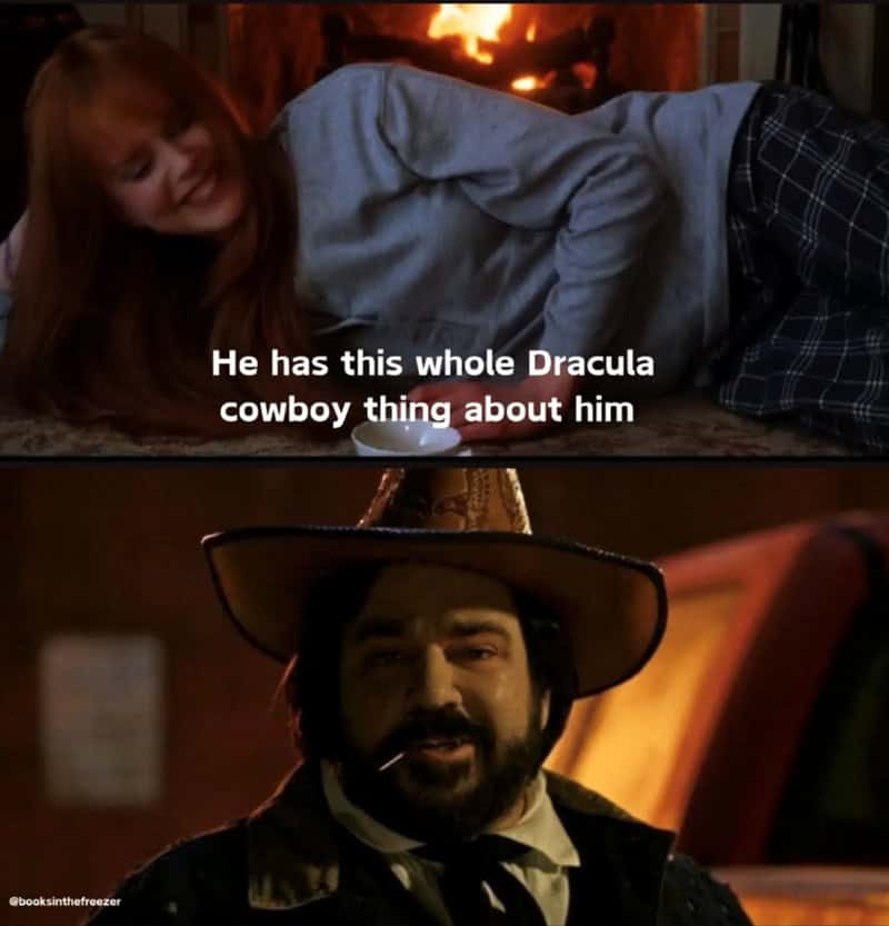 Scene from Practical Magic describing a man as a Dracula cowboy type.