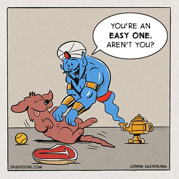 A SpudToon comic of a blue genie granting a dog's wish by simply rubbing its belly.