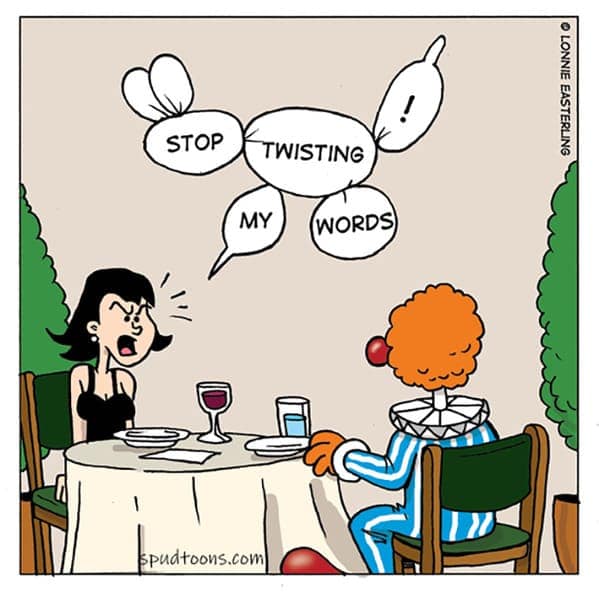 A SpudToon comic of a clown making a balloon animal speech bubble during an argument on a date.