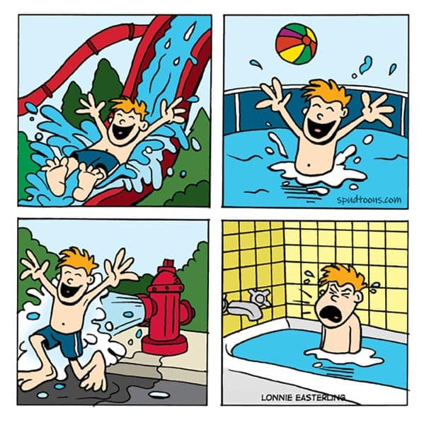 A SpudToon comic comparing a kid loving water slides and pools but hating bath time.