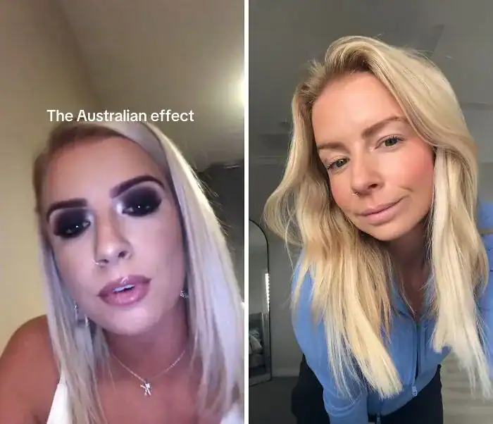 Before and after comparison of woman adopting natural Australian beach style.