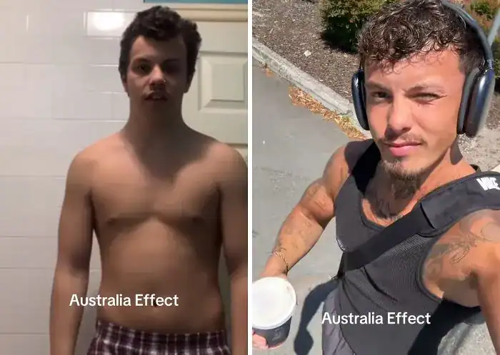 Man transforming from pale indoor look to tanned outdoor fitness aesthetic.