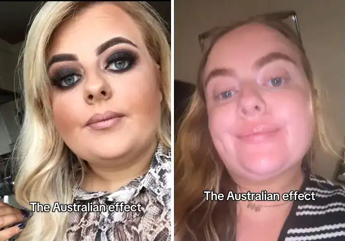 Comparison of woman dropping heavy eye makeup for fresh sun-kissed complexion.